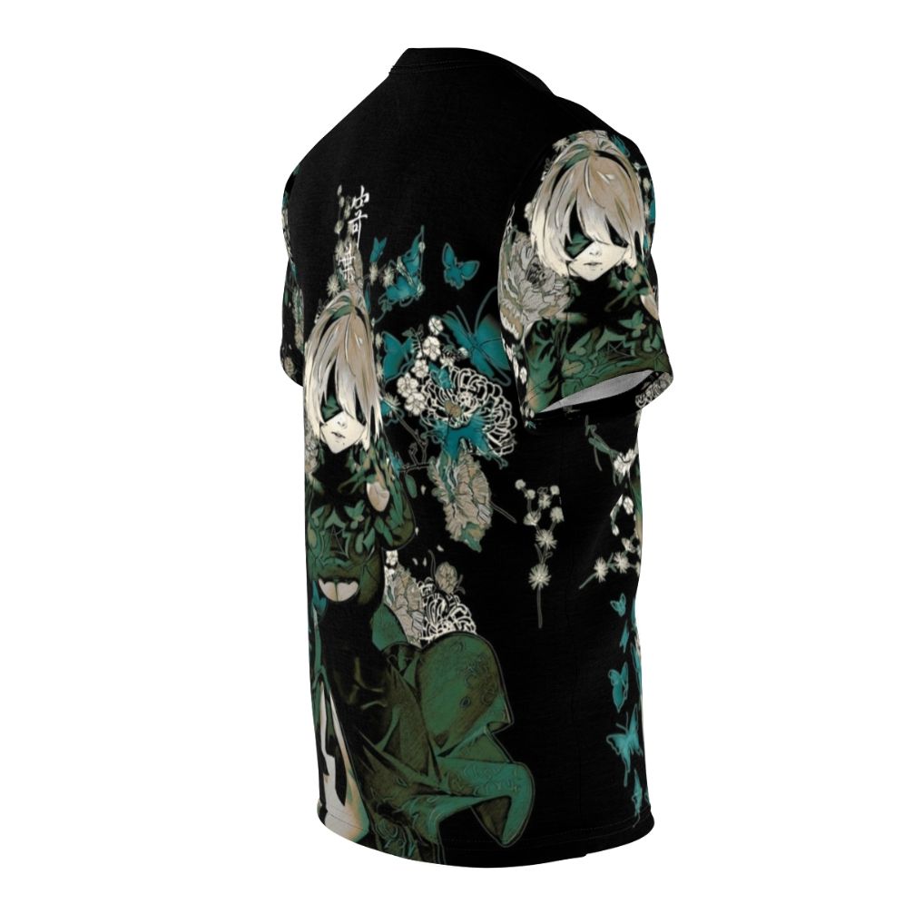 A t-shirt design featuring fantastical butterflies in a dark, garden-like setting, inspired by anime, manga, and the game Nier Automata. - men right