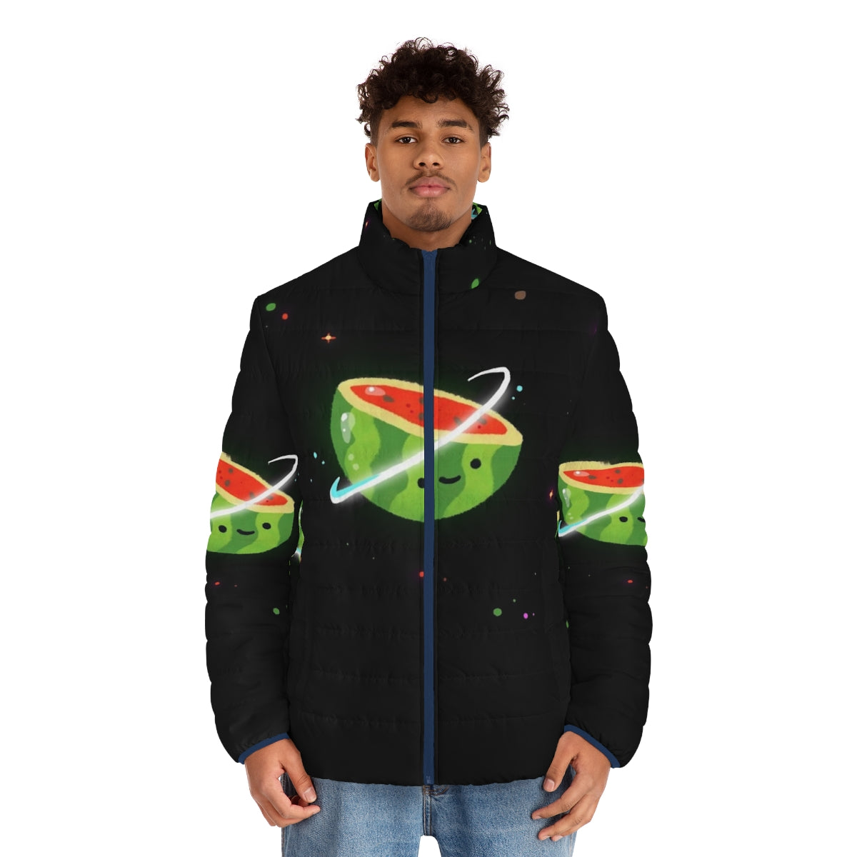 Spacemelon puffer jacket with kids character design and space-inspired graphics - men front