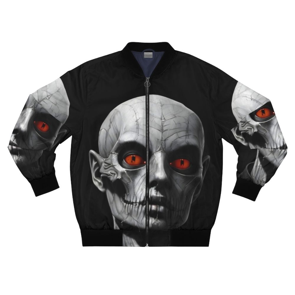 Spooky and eerie bomber jacket with a mysterious skull design