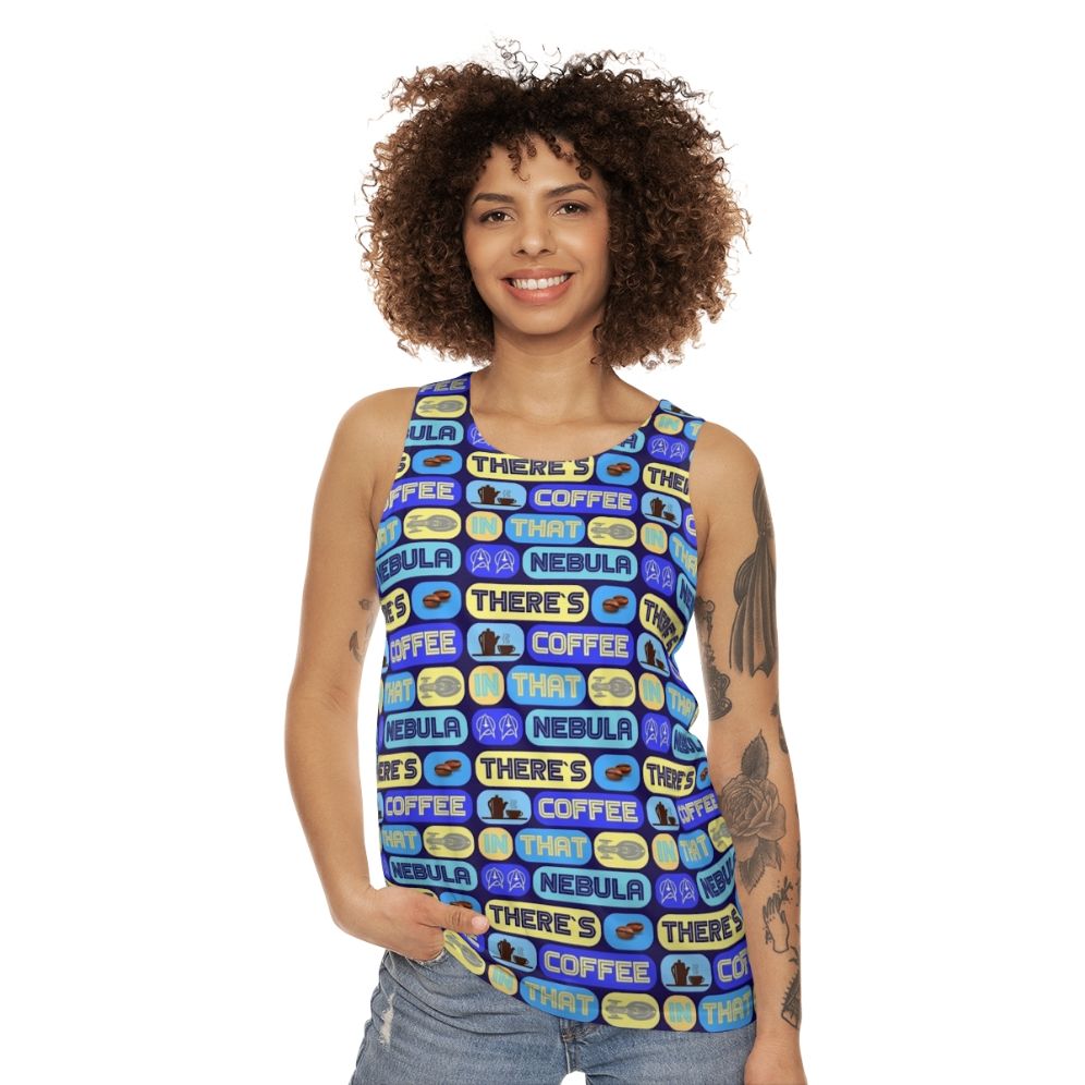 Star Trek unisex tank top featuring the quote "There's Coffee in That Nebula" - women