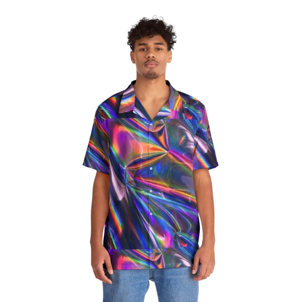 Holographic material Hawaiian shirt with shiny, rainbow iridescent design - People Front