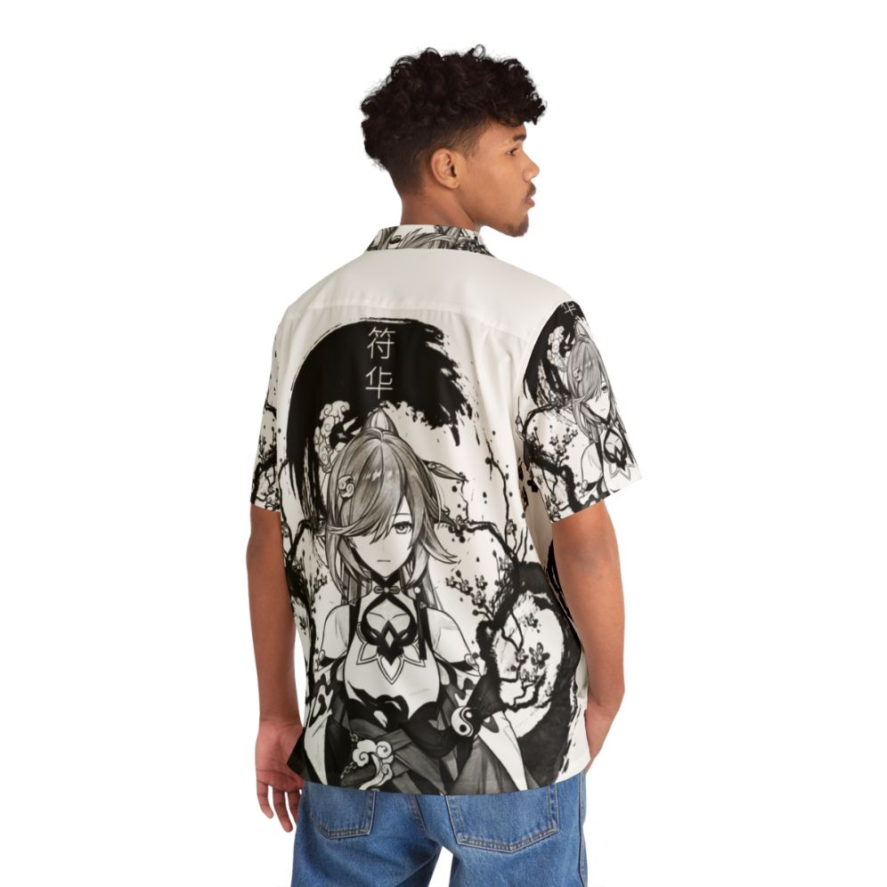 Anime-inspired monochrome Hawaiian shirt with ink splatters and gaming character designs - Flat lay