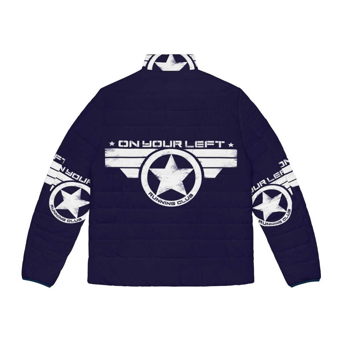 Captain America inspired puffer jacket with distressed "On Your Left Running Club" print - Back