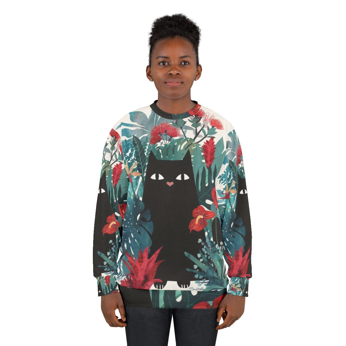 Popoki Black Cat Sweatshirt with Tropical Floral Print - women