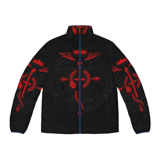 Alchemist Flamel Puffer Jacket featuring Fullmetal Alchemist symbols and imagery