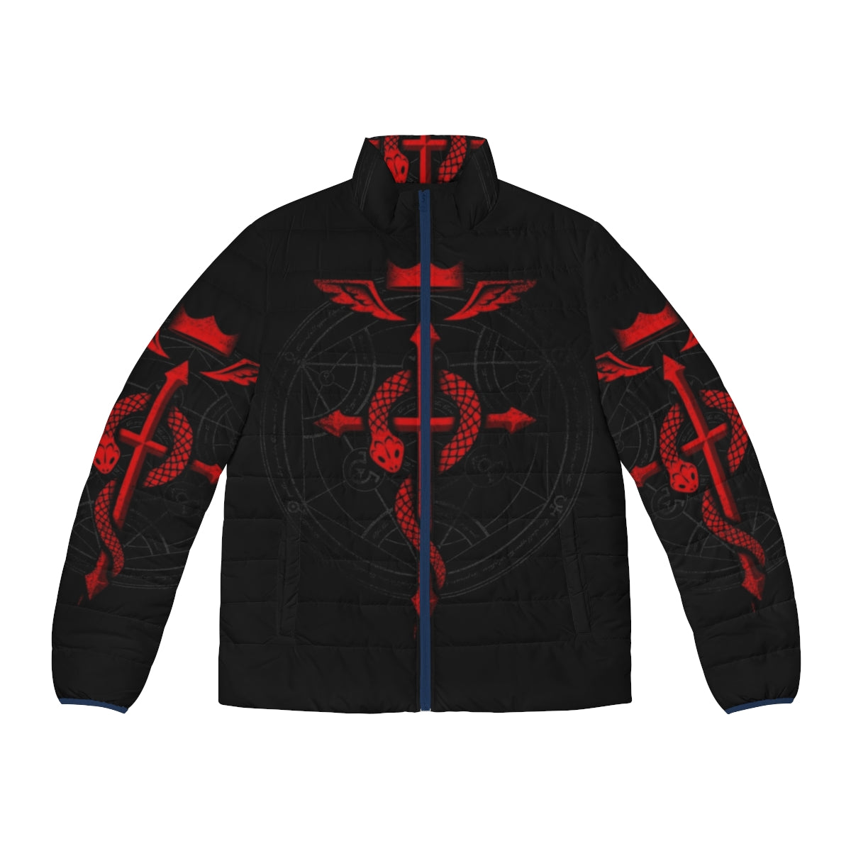 Alcoholica Puffer Jacket featuring metal music, anime-style cartoon, and alcohol-themed imagery