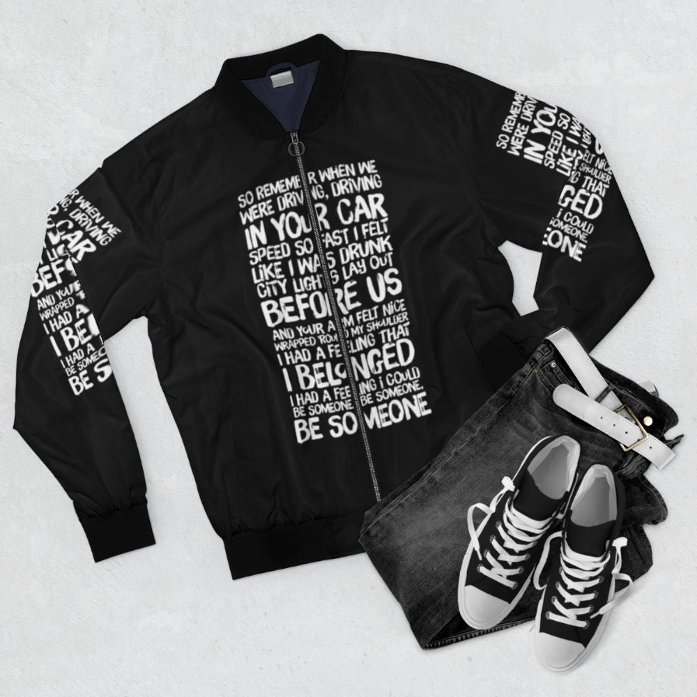 Tracy Chapman "Fast Car" Lyrics Bomber Jacket - Flat lay