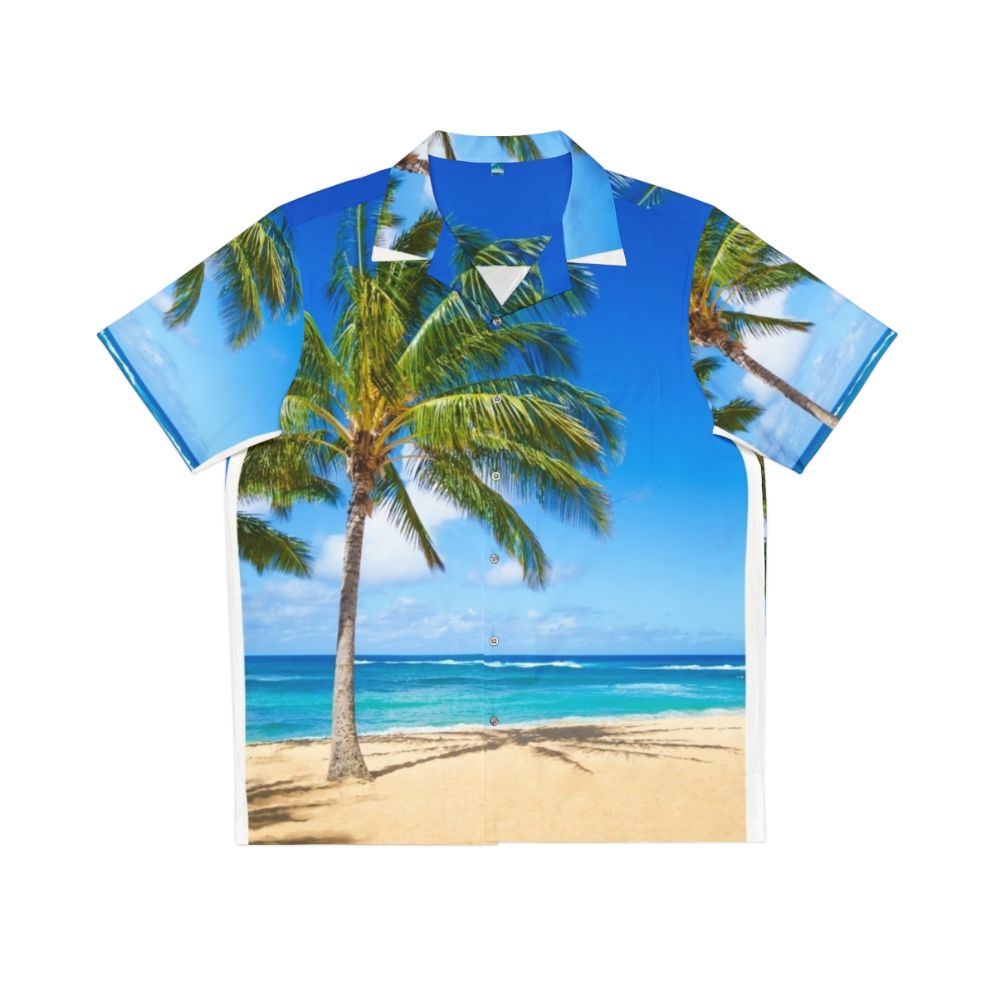 Tropical Hawaiian shirt with palm trees and sandy beach scene