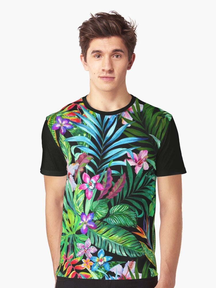 Tropical neon floral graphic t-shirt with a seamless botanical pattern - Men