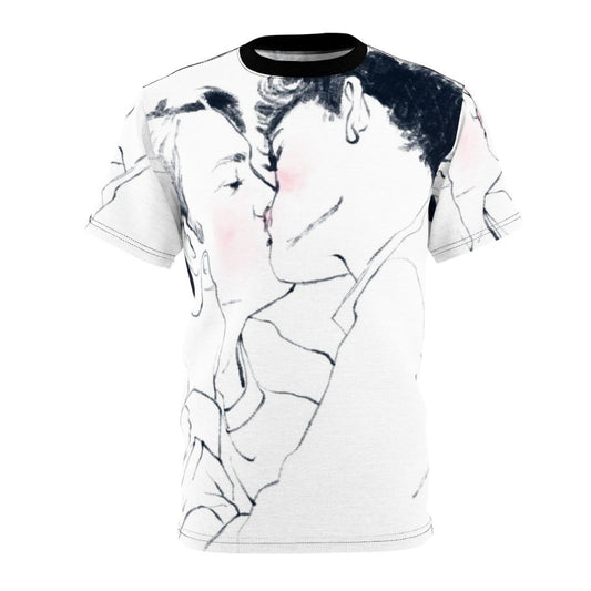 An AOP (all-over-print) t-shirt featuring a romantic kiss between the Heartstopper characters, Charlie Spring and Nick Nelson.