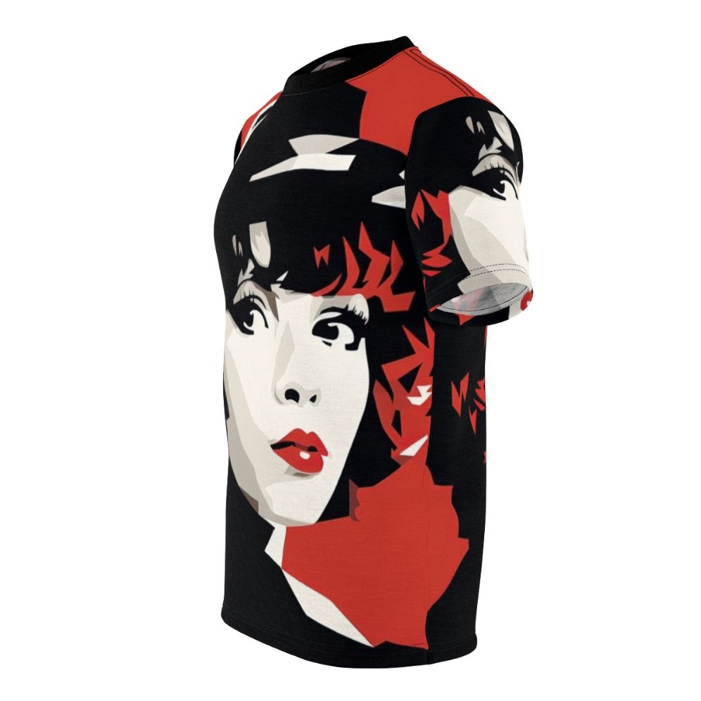 Vintage-inspired red t-shirt with minimalist design featuring classic Hollywood actress Clara Bow - men left