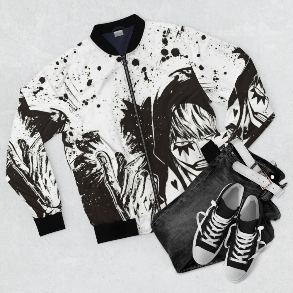 One Piece Corazon Anime Bomber Jacket featuring the character Donquixote Rosinante - Flat lay