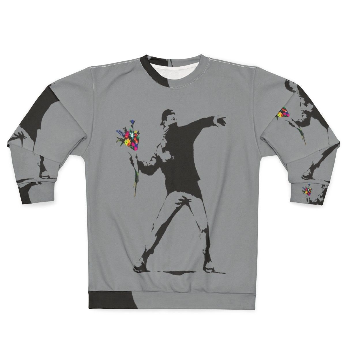 Banksy inspired sweatshirt featuring protester throwing flowers graphic