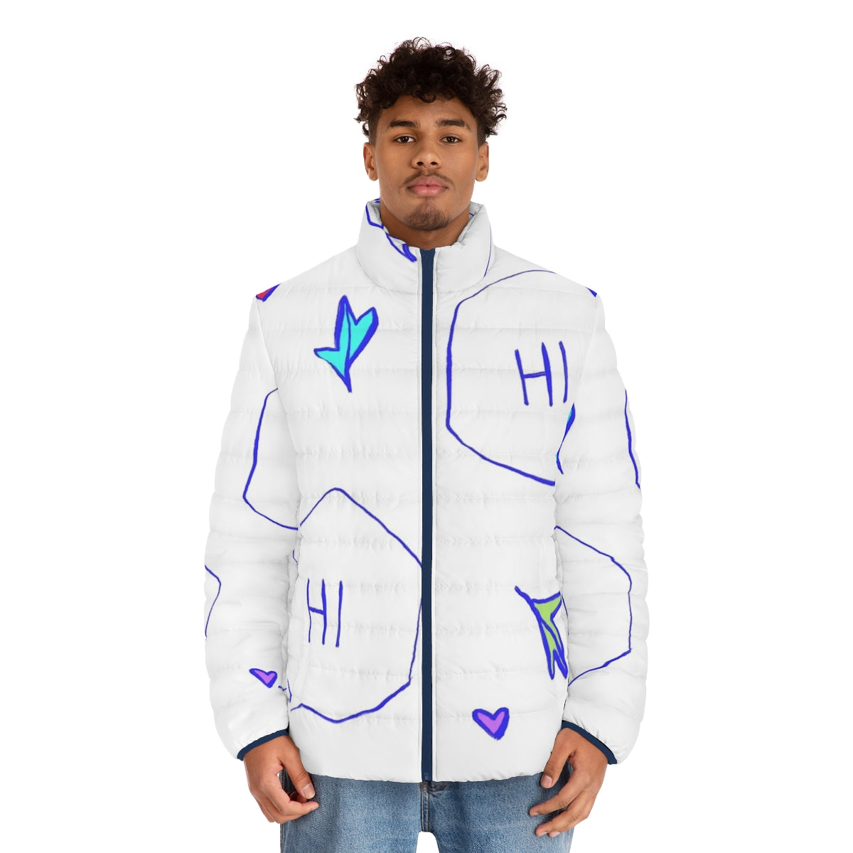 Heartstopper Hi Quote Puffer Jacket with Cute Fanart Design - men front