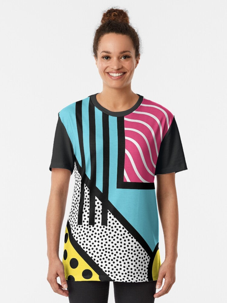 Vibrant abstract graphics in a retro 80s Memphis pop art style on a graphic t-shirt - Women