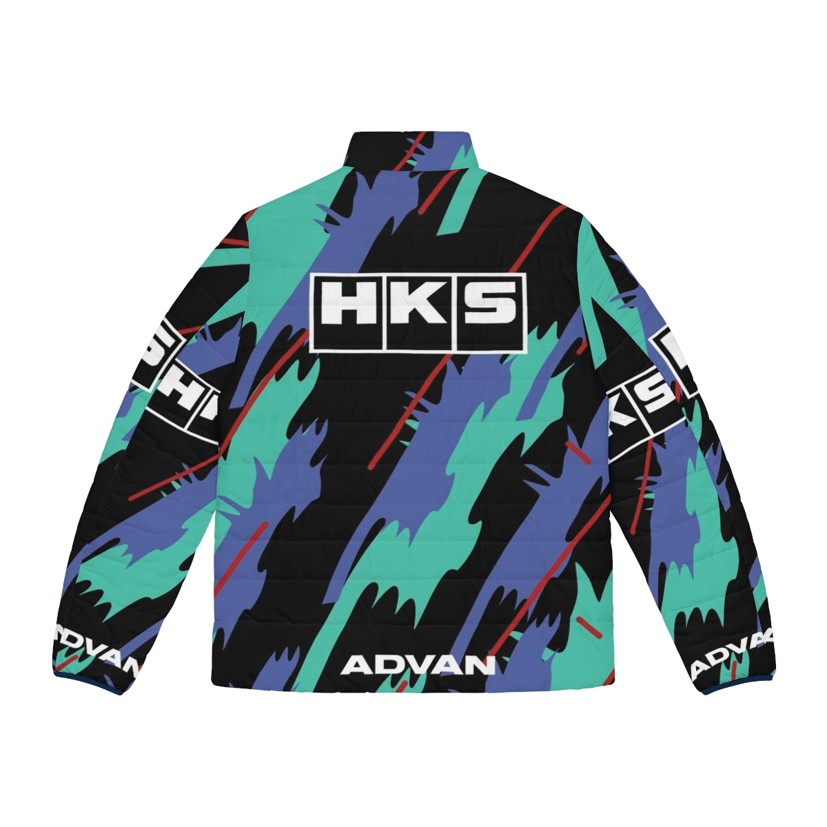 HKS Super Oil Retro Livery Puffer Jacket showcasing motorsports heritage - Back