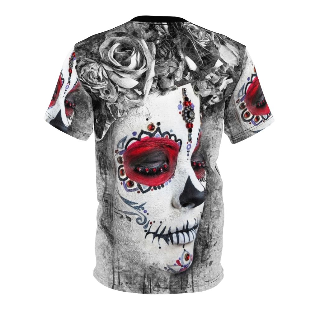 Boho Queen Sugar Skull AOP T-shirt featuring a watercolor floral wreath design - Back