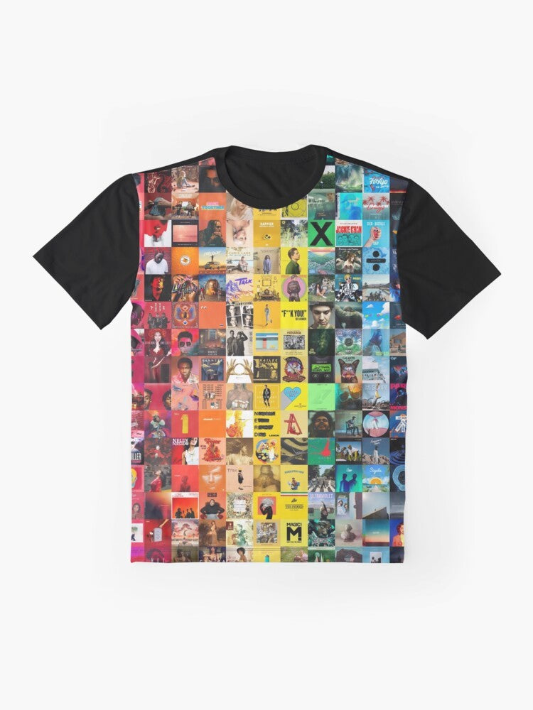 Colorful graphic t-shirt featuring a vibrant music tapestry design, perfect for music lovers and those with an aesthetic sense. - Flat lay