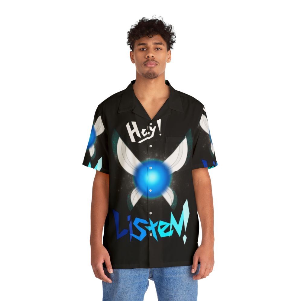 Zelda-inspired Hawaiian shirt with "Hey Listen" design - People Front