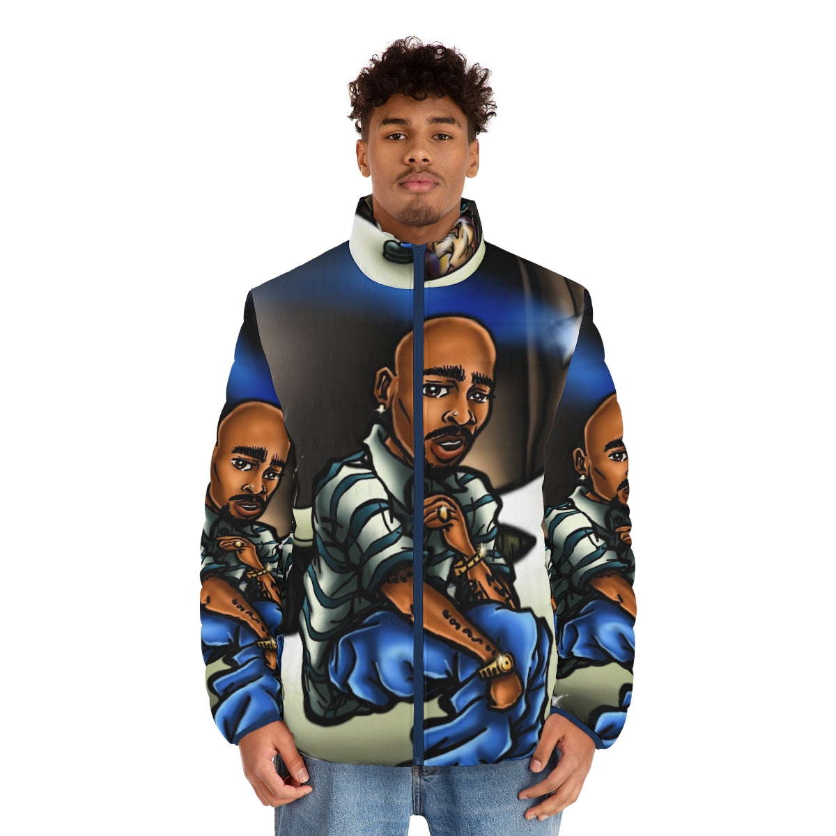 Puffer jacket with anime-inspired airbrush art design - men front