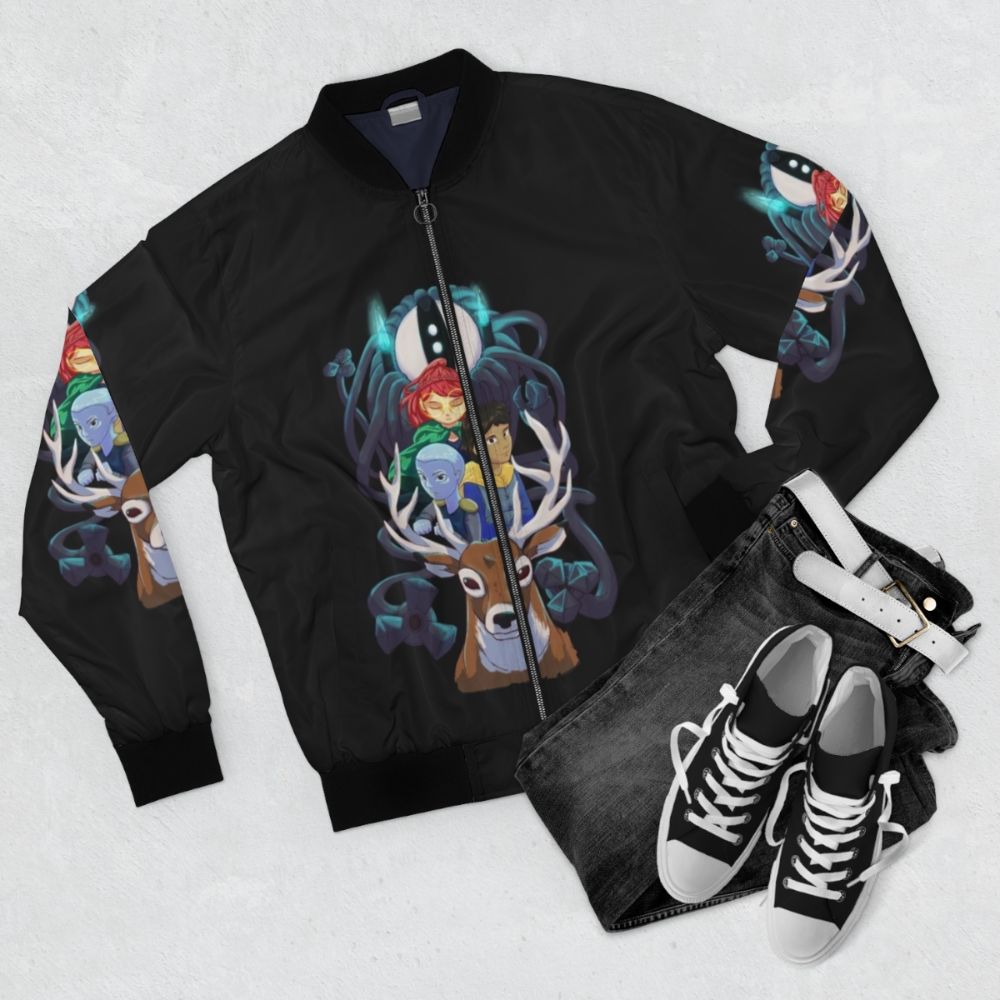 Infinity Train Fantasy Bomber Jacket with Cartoon Series Imagery - Flat lay