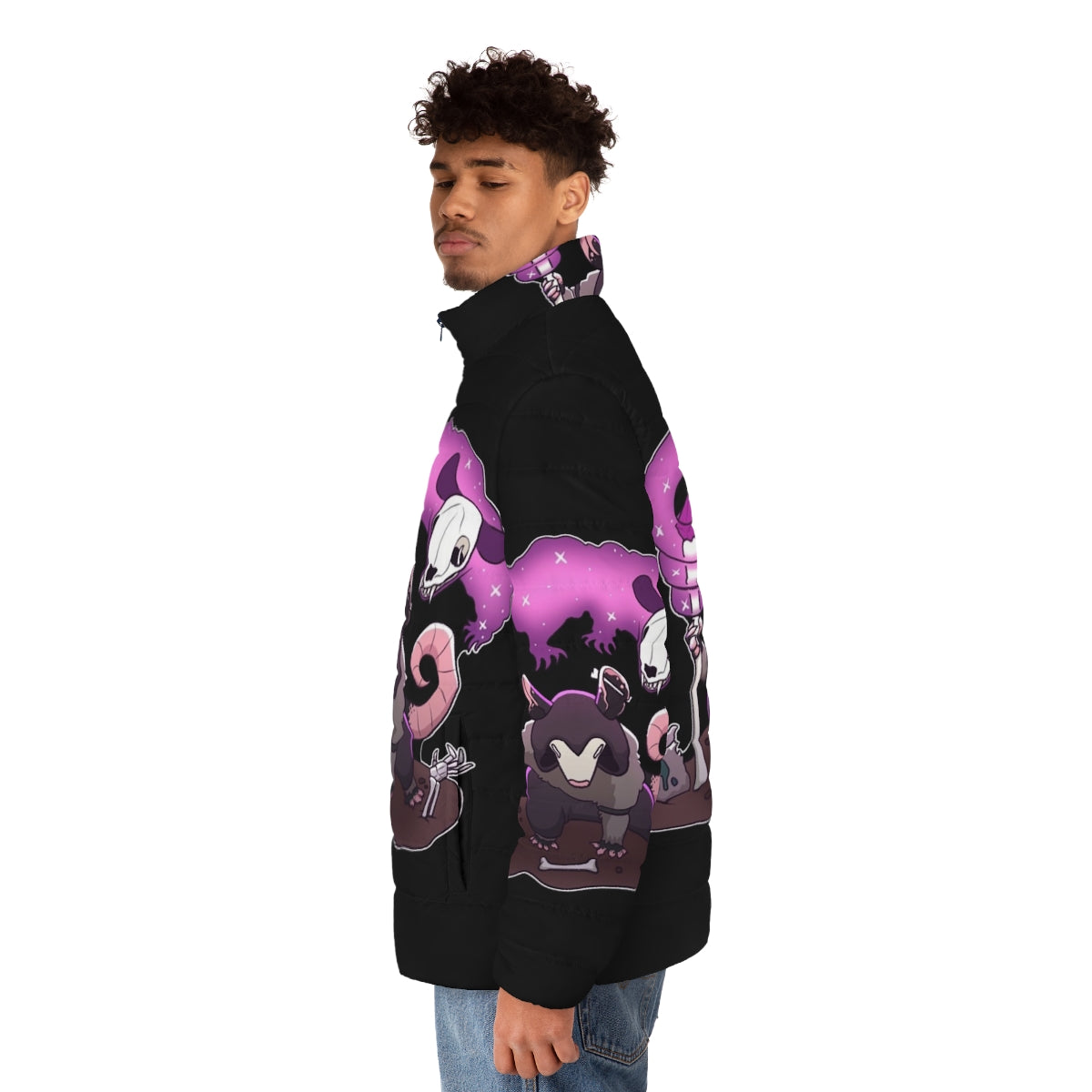 A dark and mystical puffer jacket featuring an opossum design with necromantic elements - men side left