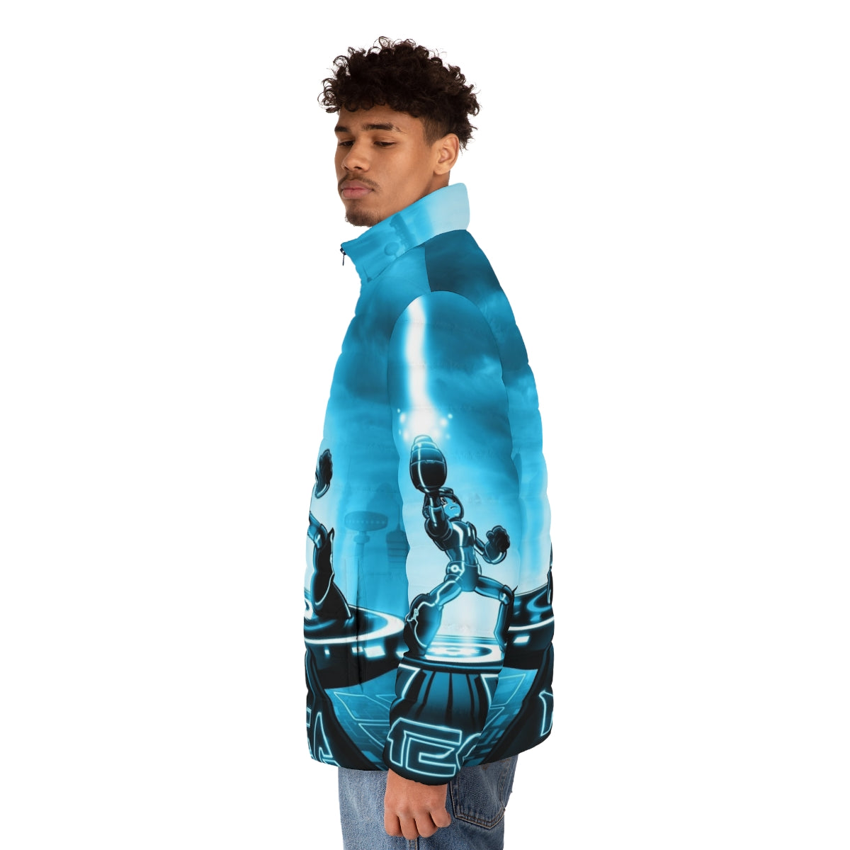 Mega Man x Tron Legacy Retro 80s Puffer Jacket with Iconic Video Game and Movie Characters - men side left