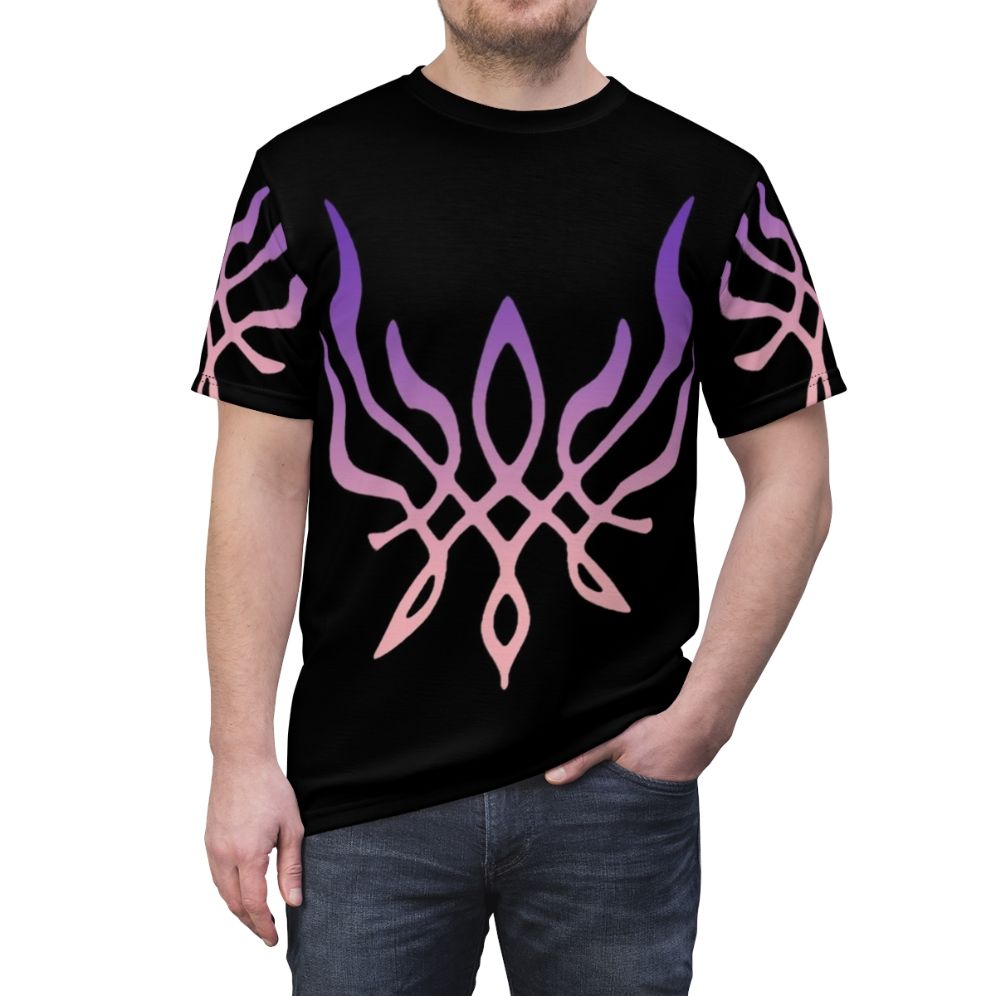 Custom fire emblem-inspired t-shirt featuring a vibrant crest of flames design - men front