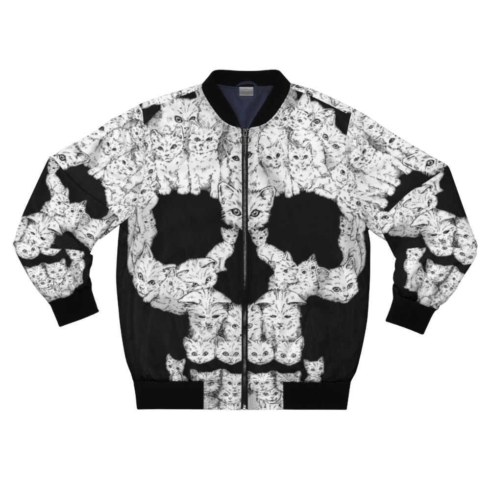 A bold bomber jacket featuring a graphic design of a skull and cute kittens