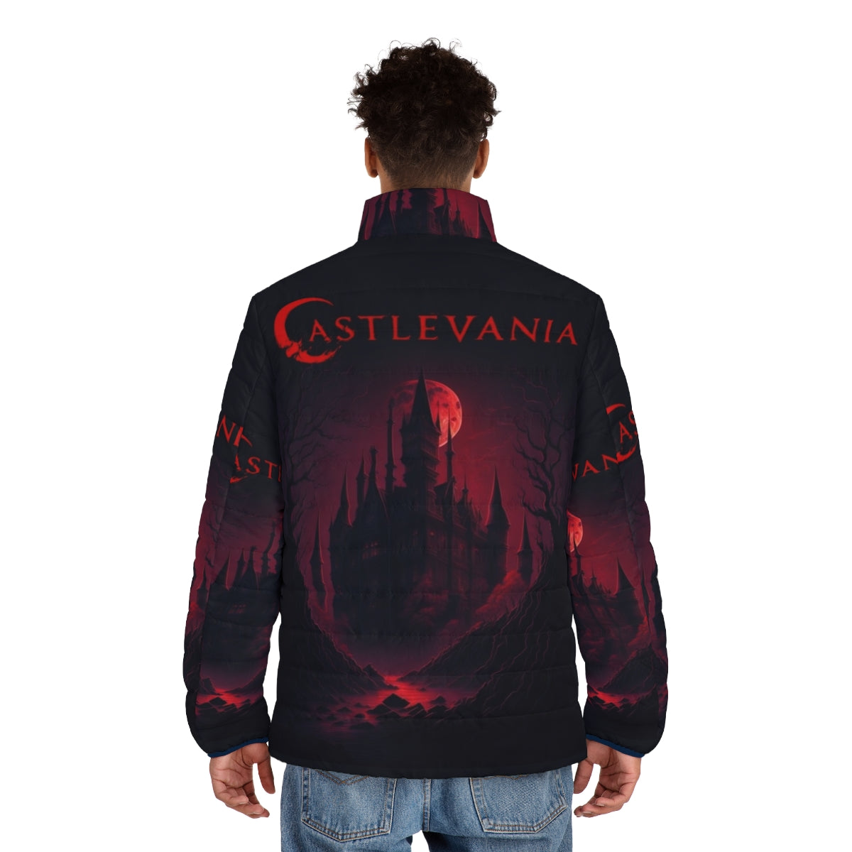 Castlevania: A Dark Place Puffer Jacket, featuring characters from the Netflix anime series - men back