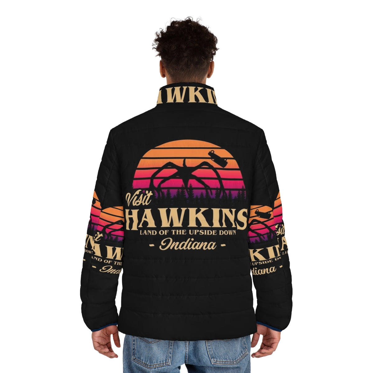 Retro Hawkins Puffer Jacket with Stranger Things inspired design - men back