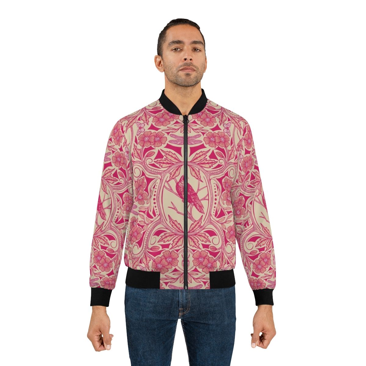 Vibrant floral bomber jacket featuring a detailed crow and dragonfly design in hot pink, red, and cream colors. - Lifestyle