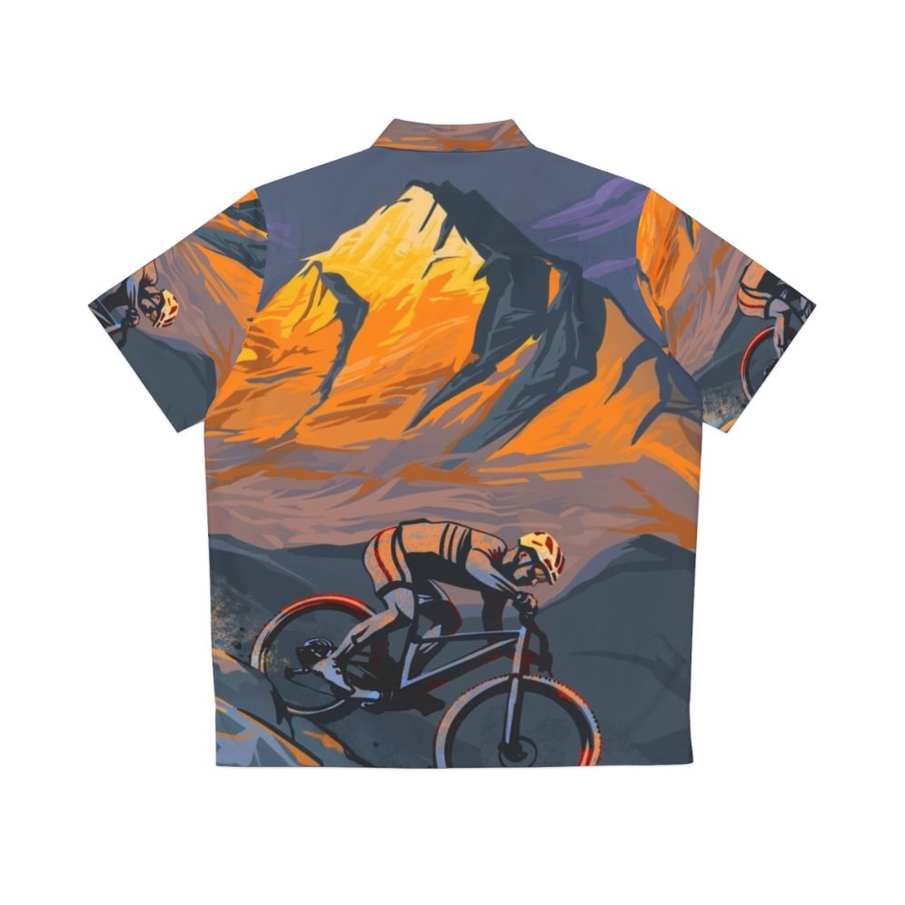 Mountain biker wearing a Hawaiian shirt in a scenic outdoor landscape - Back