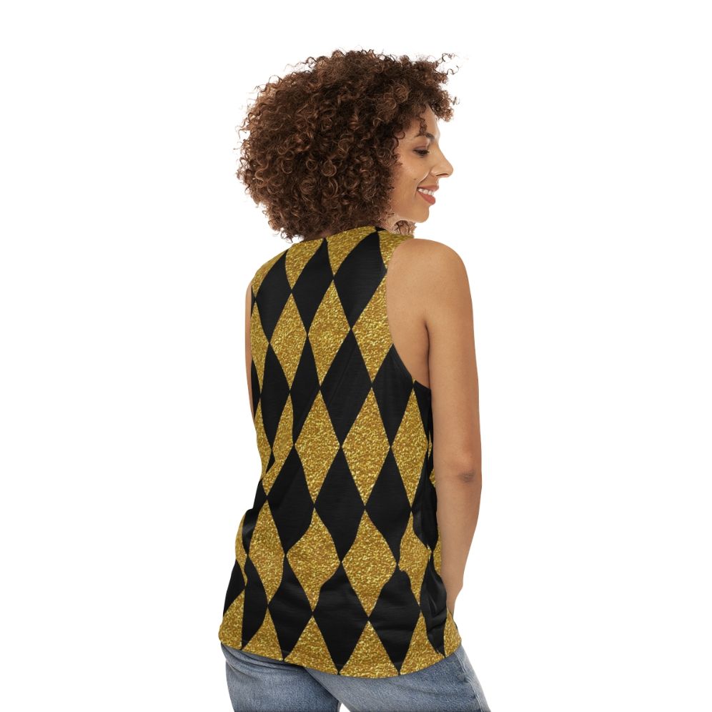 Black and gold harlequin pattern unisex tank top - women back