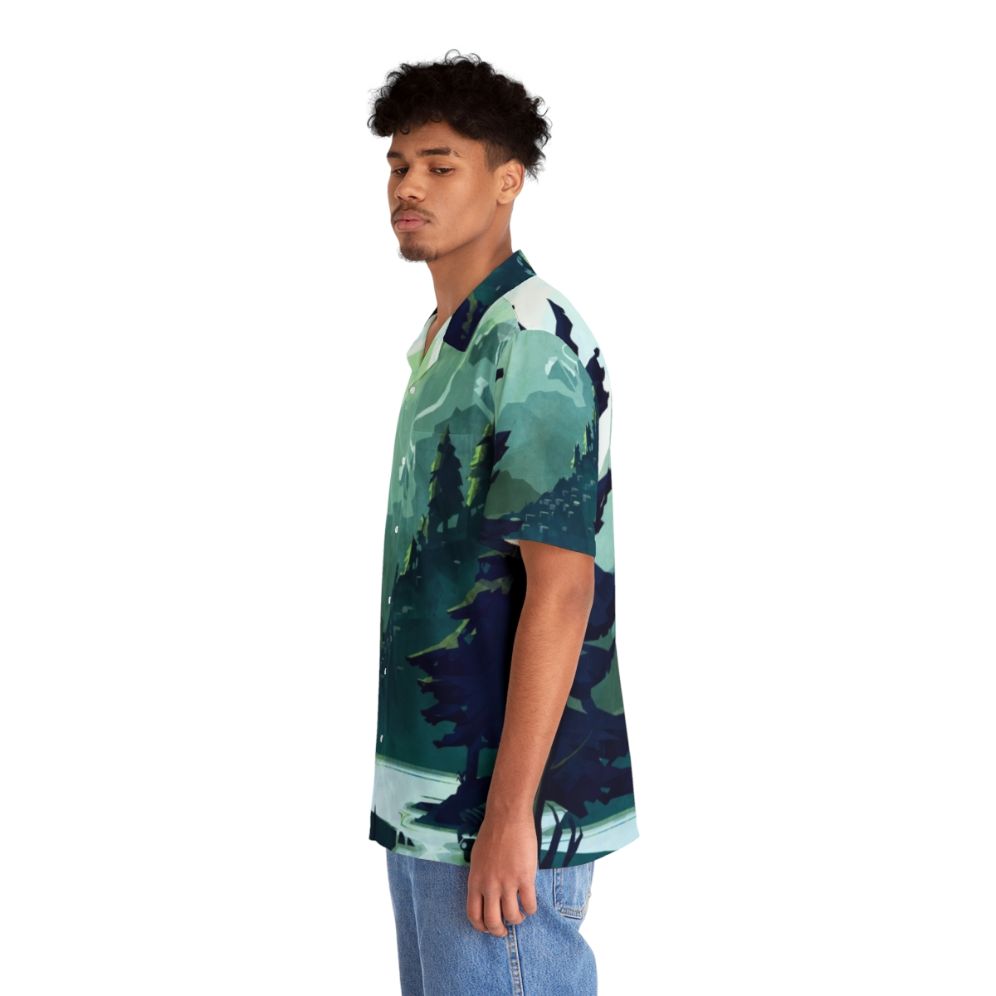 Canadian mountain landscape Hawaiian shirt with blue, green, and rocky mountain details - People Left