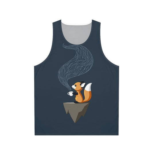 Unisex tank top with a cute, smiling fox design surrounded by herbal tea cups