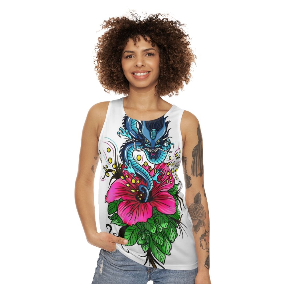 Unisex tank top featuring a dragon with hibiscus flowers - women