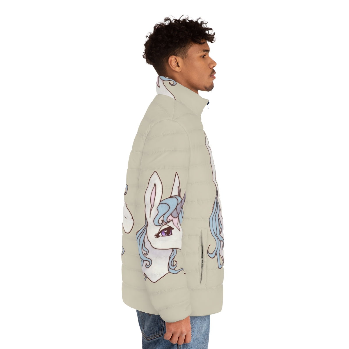 A puffer jacket featuring the iconic Lady Amalthea from the fantasy classic The Last Unicorn - men side right