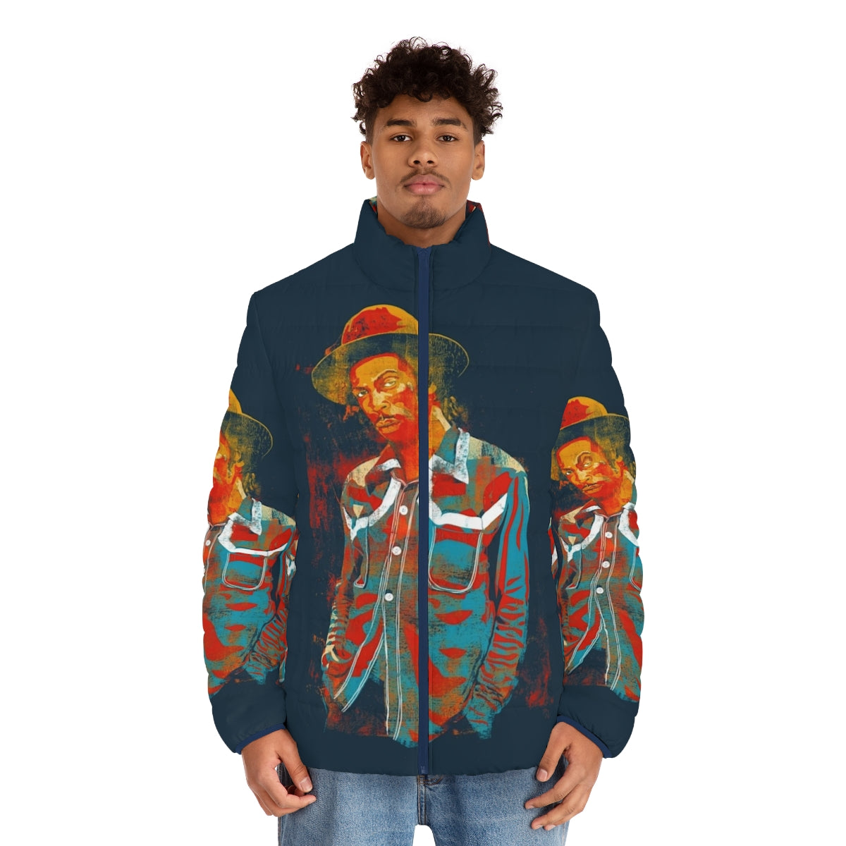 Jambi Puffer Jacket with heavy metal and digital art design - men front