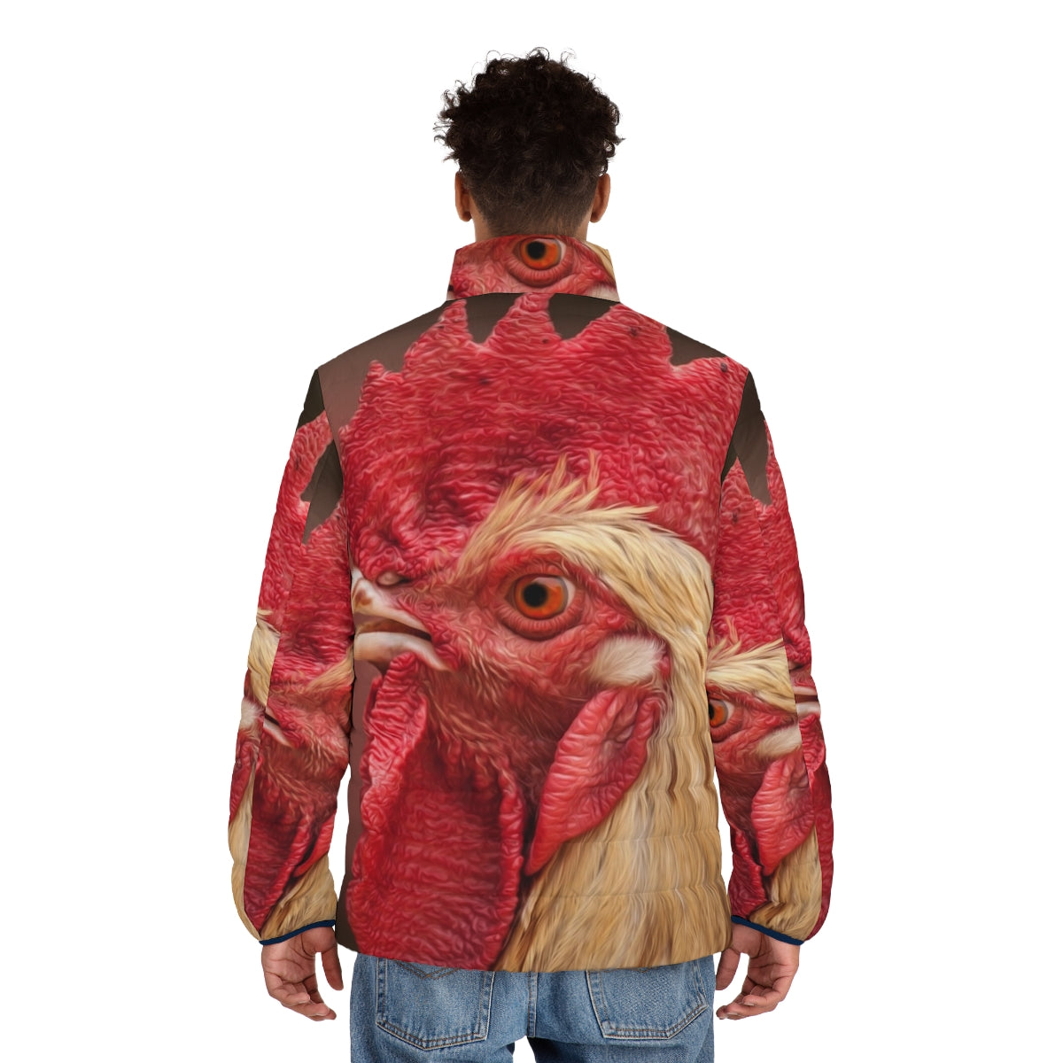 Rooster chicken puffer jacket in red with farm animal designs - men back