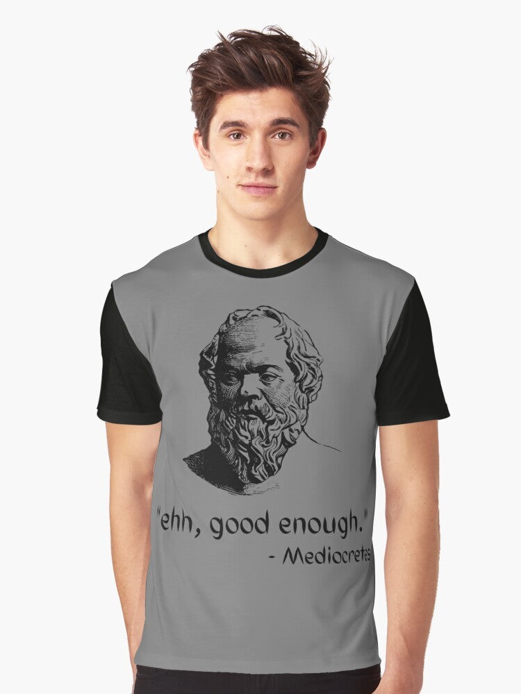 A graphic t-shirt featuring the text "Mediocretes Philosophy" in a vintage-inspired design, representing the philosophy of Socrates and ancient Greek thinkers. - Men