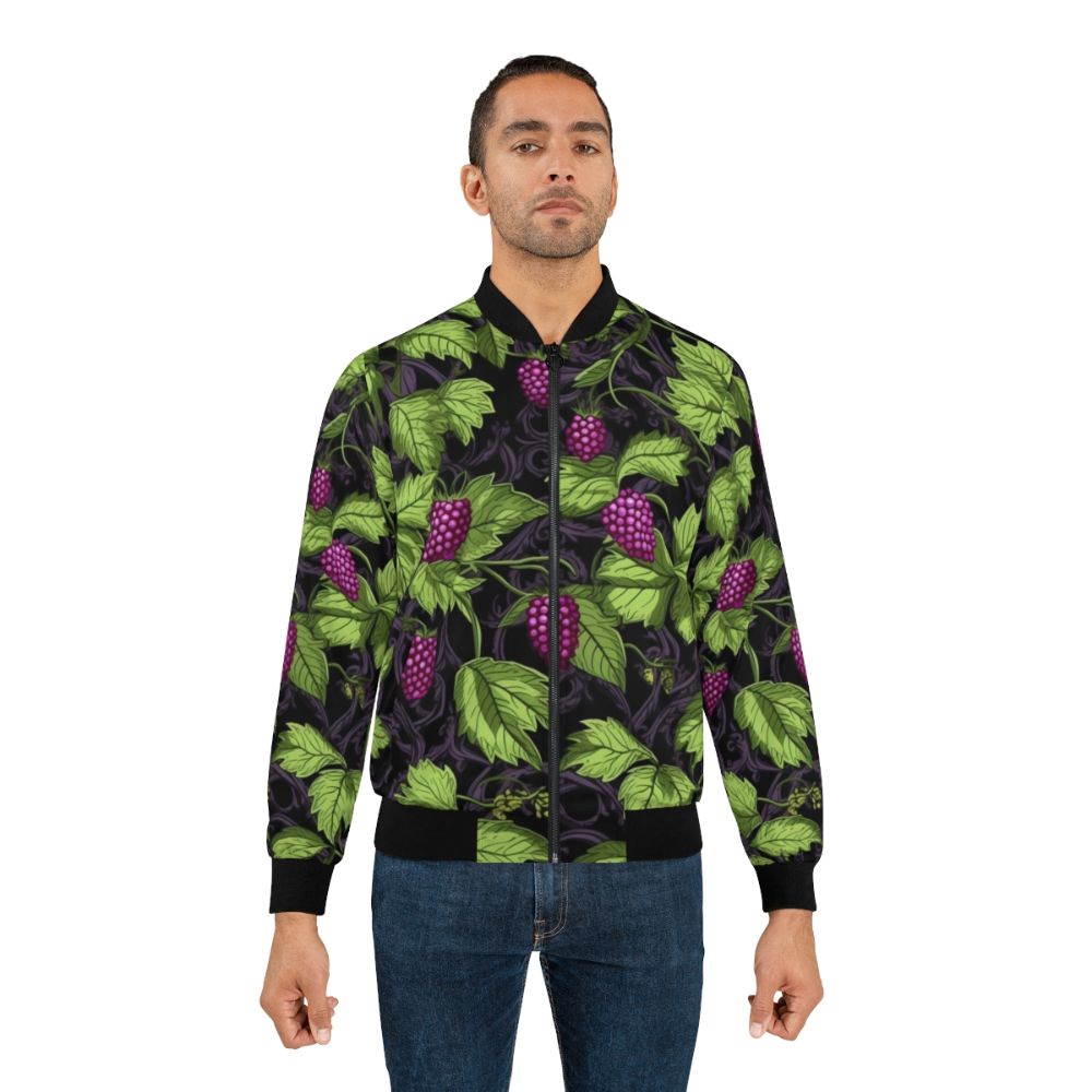 Marionberries botanical bomber jacket with vibrant, unique, and colorful floral design - Lifestyle