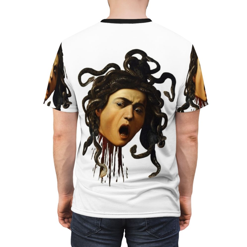 Medusa Gorgon head inspired t-shirt with snakes and Caravaggio art - men back