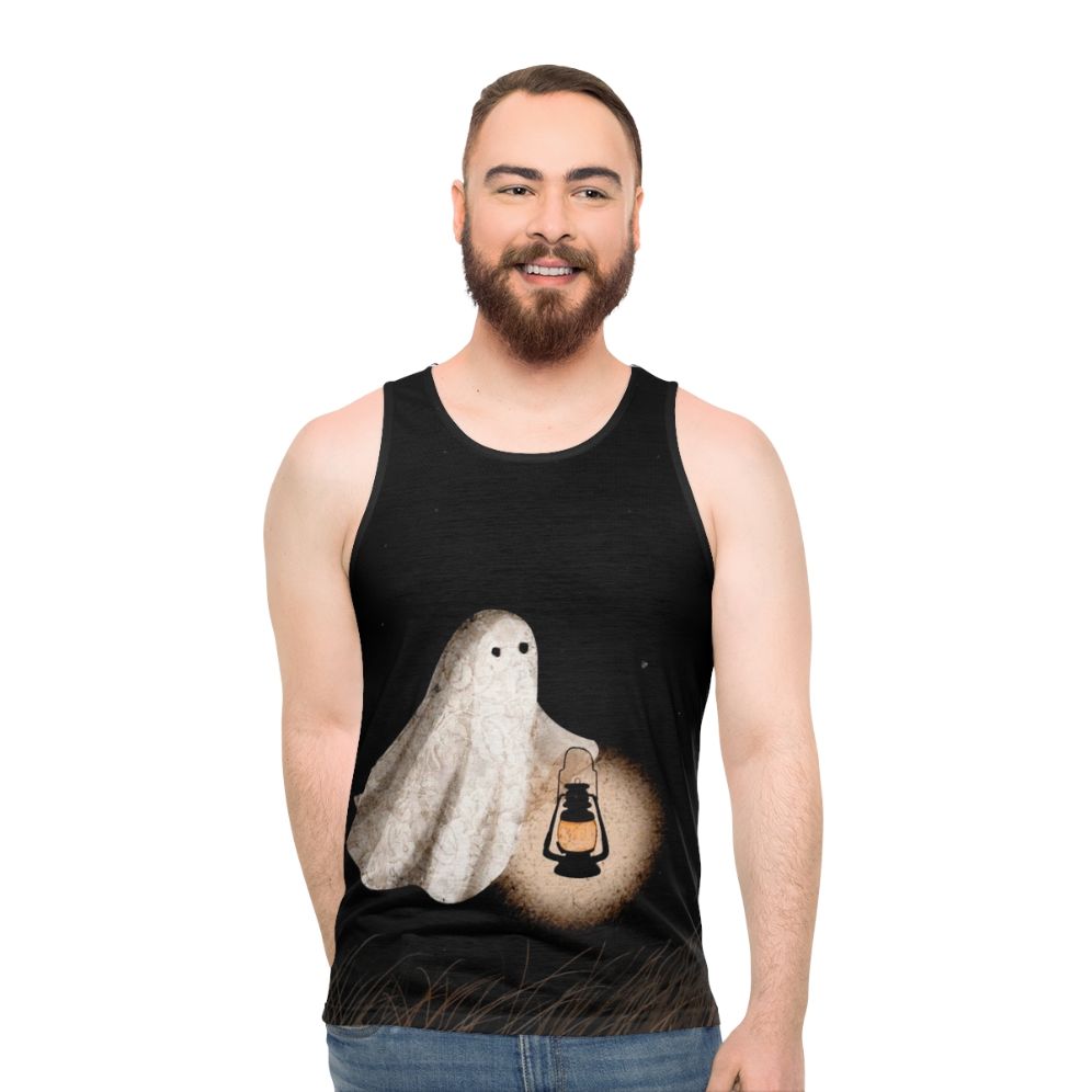 Unisex Twilight Walk Tank Top with ghostly figures and starry sky - men