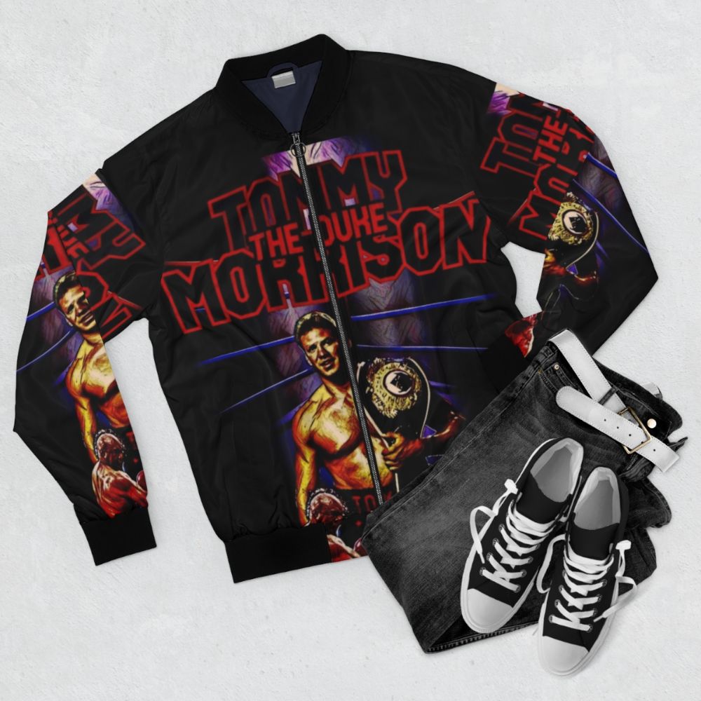 Tommy Morrison Heavyweight Boxing Champion Wearing a Bomber Jacket - Flat lay