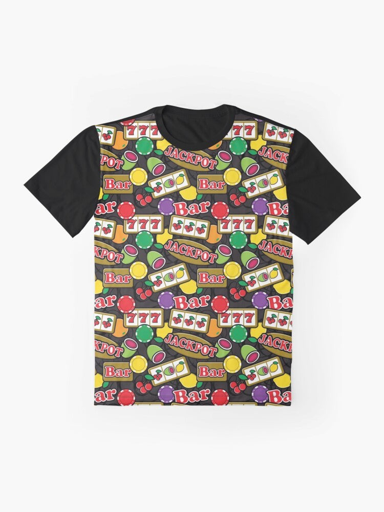 Graphic t-shirt with a pattern of lucky slot machines, jackpots, and fruit symbols - Flat lay