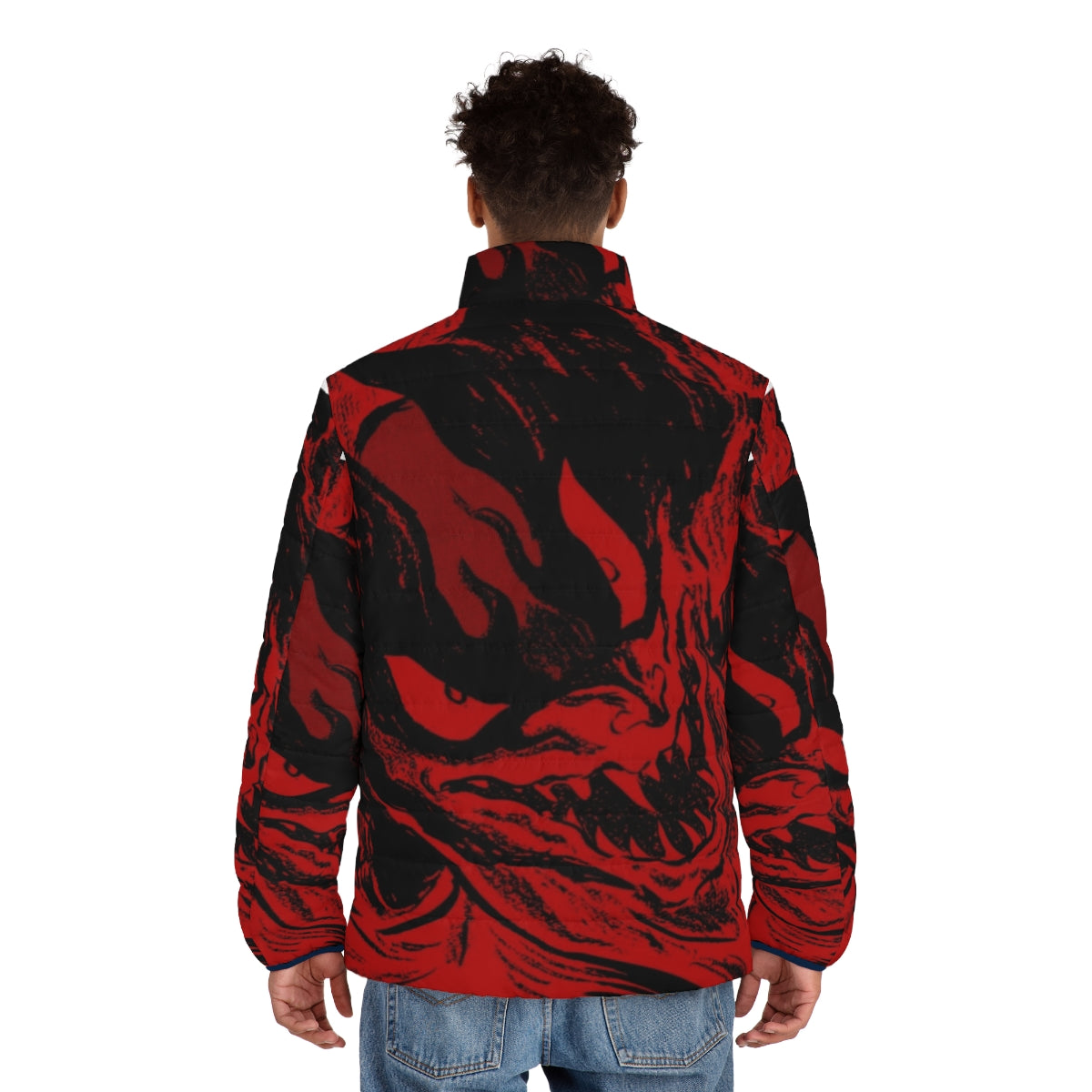 Devilman Crybaby Puffer Jacket featuring the iconic Devilman character from the Netflix anime series - men back