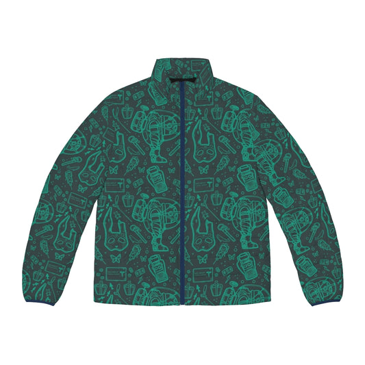 Bioshock Rapture-inspired blue puffer jacket with a continuous pattern design