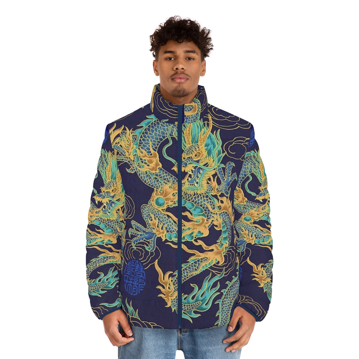 Gilded Dragon Puffer Jacket with Mythical Creature Designs - men front