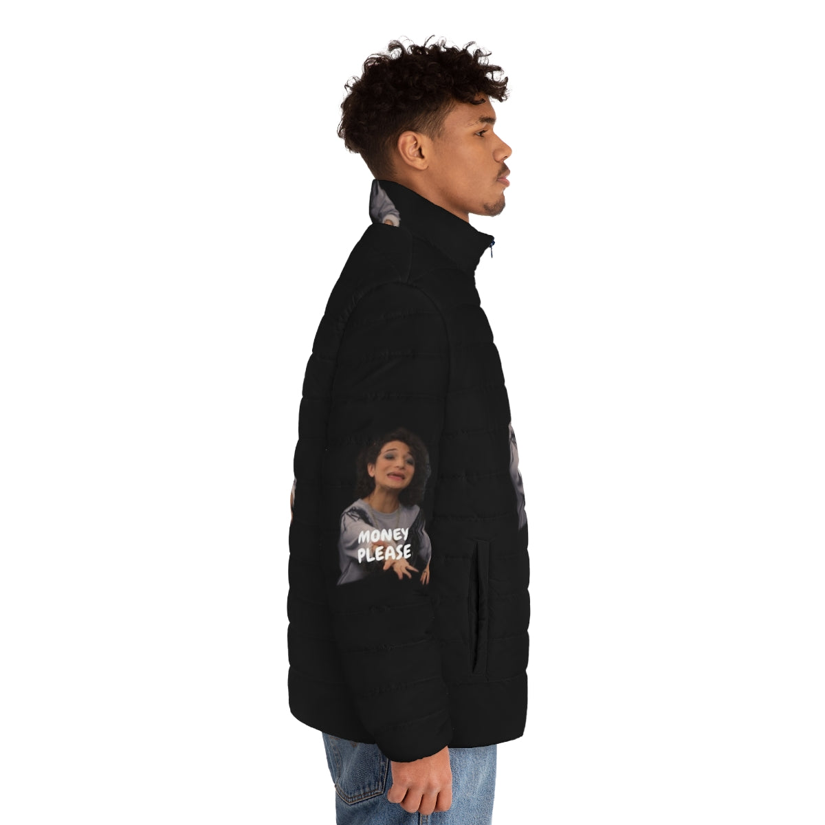 Funny "Money Please" puffer jacket with Mona Lisa Saperstein inspired design - men side right